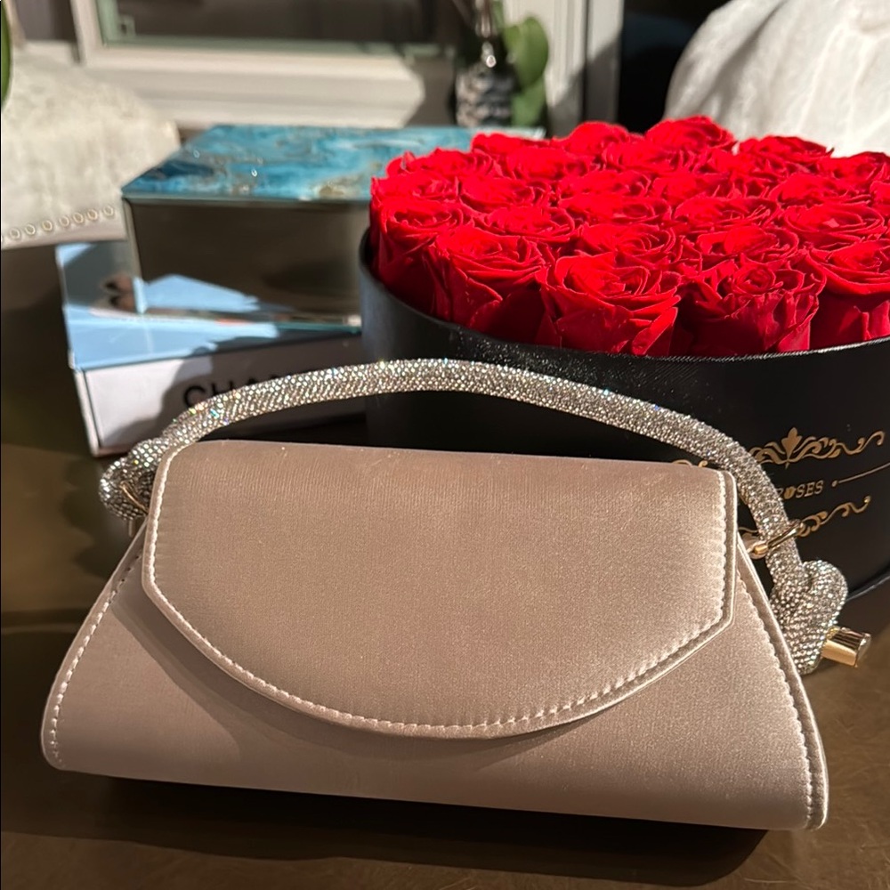 Badgley Mischka Cream Clutch with Curved Handle and Flap Closure